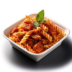pasta with tomato sauce and meat in white bowl on an isolated white background