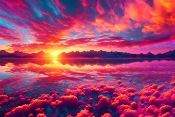 Very bright colorful sunset. (AI-generated fictional illustration)
