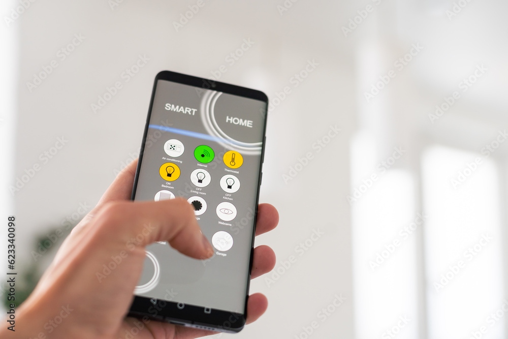Poster controlling home heating temperature with a smart home, close-up on phone. concept of a smart home a