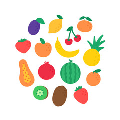 Flat set of fruits in a circular composition. Simple illustration of fresh food on white background.