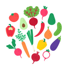 Flat set of vegetables in a circular composition. Simple illustration of fresh food on white background.