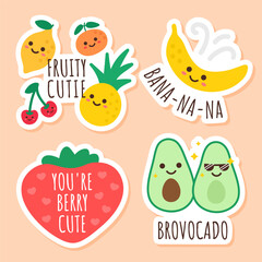 Fototapeta premium Funny vegetables and fruits characters with phrases. Set of isolated stickers with strawberry, avocado, banana.