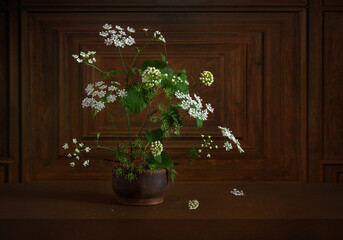 Simple composition with flowers on a dark background. Minimalism.
