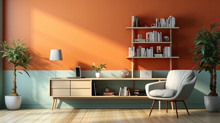 Living room interior design with sofa, hanging lamp, bookcase and armchairs, minimalist style, modern home.