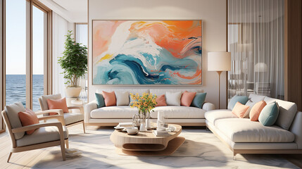 Fototapeta premium Stylish Living Room Interior with a Frame Poster Mockup, Modern Interior Design, 3D Render, 3D Illustration