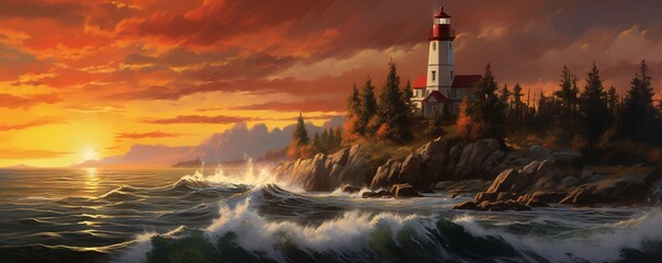 Autumn lighthouse in the sunset and rain Generative AI