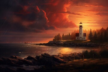 Fototapeta premium Autumn lighthouse in the sunset and rain Generative AI