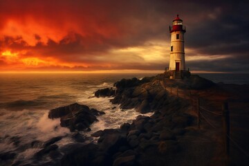 Fototapeta na wymiar Autumn lighthouse in the sunset and rain Generative AI