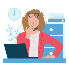 blonde woman tired sleepy at work in flat illustration