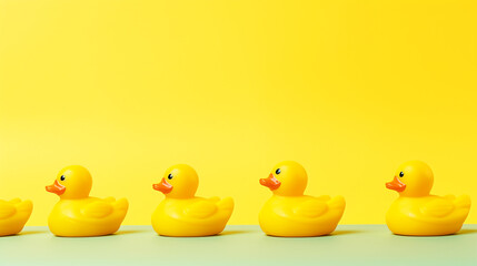 Rubber ducks on yellow background, side view. Modified generative AI image.