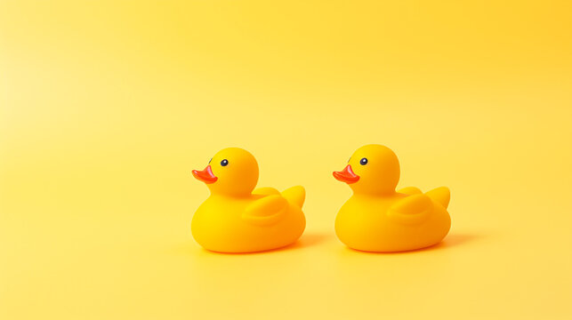 Two rubber ducks on yellow background, side view. Modified generative AI image.
