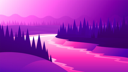 Beautiful pink evening landscape of a flowing river through the forest. Sunset over the water surface illustration.