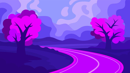 Vector evening illustration of a turn of the road to the mountains background.