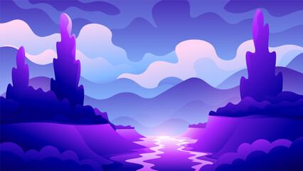 Evening sunset landscape cliffs near the river horizontal illustration.