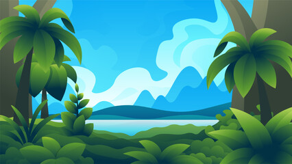Tropical lagoon horizontal illustration. Summer exotic beach with jungle.
