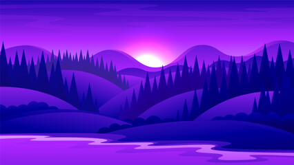 Beautiful evening sunset over the river bank with forest and mountains background.