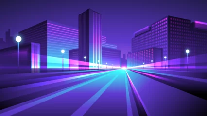 Fototapete Dunkelblau Synthwave cyberpunk city. Night street with road and business buildings.