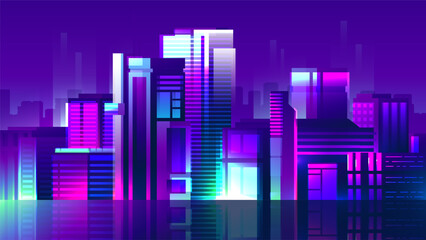 Shining night synthwave city horizontal landscape. Illustration of cyberpunk buildings.