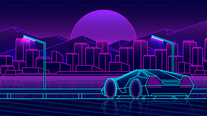 Outline supercar rear view is driving towards the night metropolis.