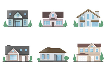 Set of vector isolated flat private houses on a white background