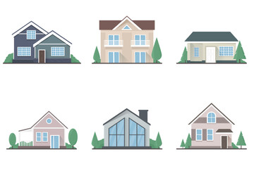 Set of vector one-storey and two-storey isolated flat private houses on a white background with trees