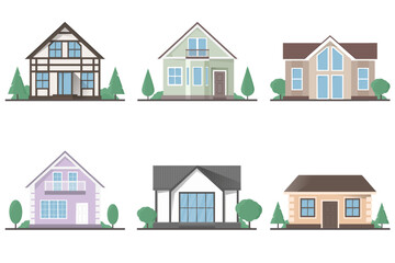 Set of vector isolated flat private houses on a white background with trees