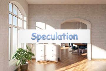 search box text floating in air in luxurious loft apartment with window and garden;speculation; minimalistic interior living room design; 3D Illustration