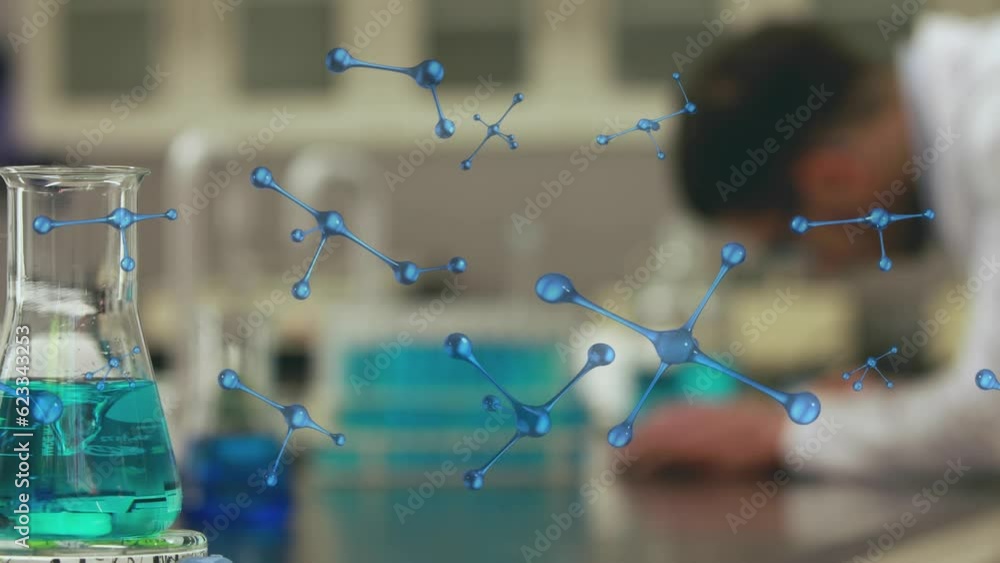 Poster animation of molecules and data processing over caucasian male scientist with beaker