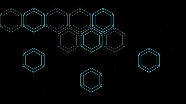 Computer graphics background. Honeycomb network of blue neon hexagons on dark. Objects disappear and appear. The effect of movement of the entire network