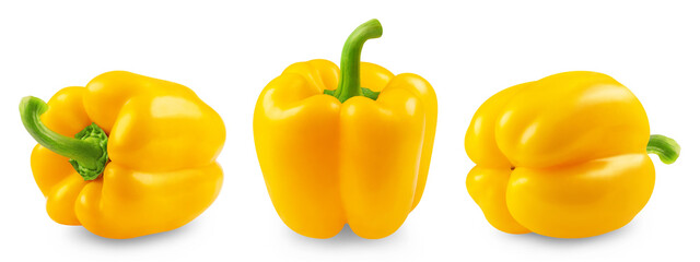 Isolated set of yellow peppers. Collection of sweet pepper, paprika on a transparent background.