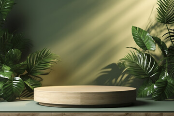 Nature's Beauty Stage: Wood Podium Showcasing Sustainable Cosmetics and Beauty products with Ray of Light. Concept of Green Beauty, No-Waste. AI Generated.