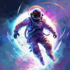 Obraz na płótnie Canvas Soaring astronaut on a colored background. Digital art. Generative AI.