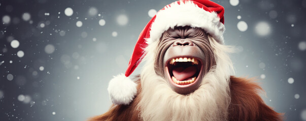 Happy orangutan in a Christmas hat ready for holiday celebrations - Generative Ai
