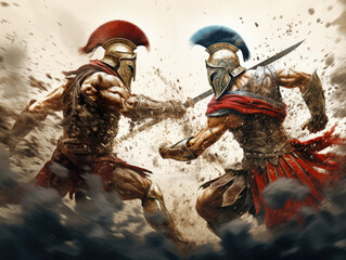 Fight of two Roman soldiers. Digital art. Generative AI.