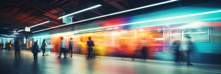 People walking in neon futuristic the city subway at night- Generative Ai