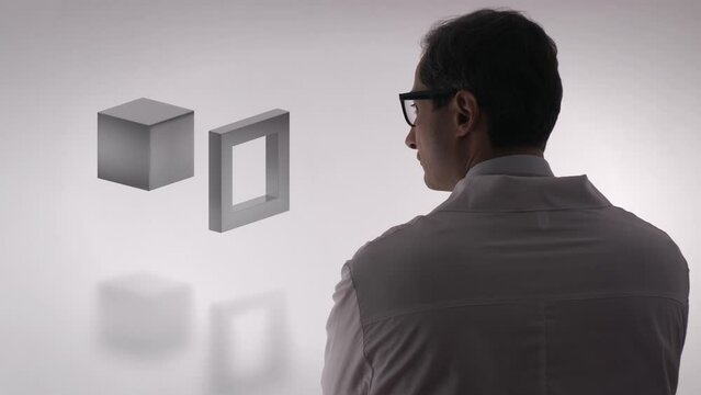 Computer graphics. A male scientist in glasses and a white coat against a white screen with a symbolic solution to the problem and its implementation. The concept of creating a physical basis