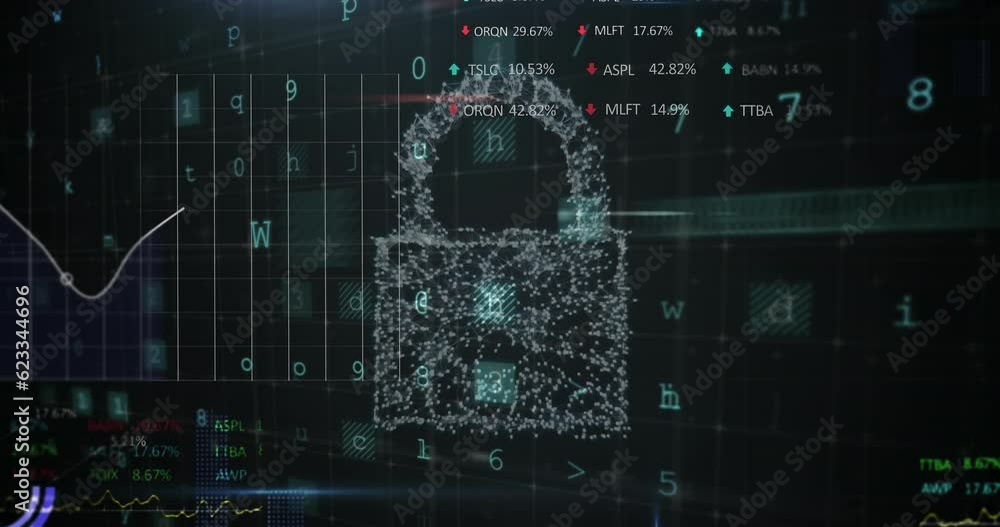 Poster animation of padlock icon and data processing over warning text