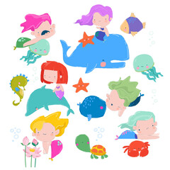 Cartoon Set with Cute Mermaids and Inhabitants of the Sea World on White Background