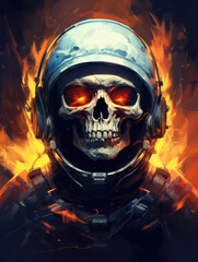 Dead astronaut. Skull in space suit on dark background. Digital art. Generative ai.
