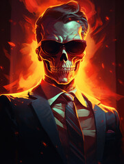 Naklejka na ściany i meble Skull in a business suit and sun glasses. Digital art. Generative AI.