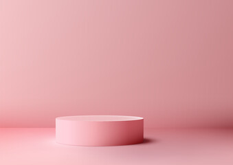 Pink Color Podium Stand on Soft Pink Floor. Modern Minimal Style Product Showcase