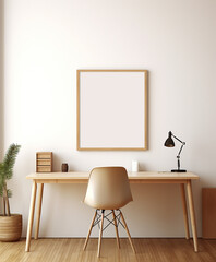 This minimalistic yet cozy interior design of an empty desk with a chair, a picture frame, and a poster on the wall. Minimal home interior design idea. Scandinavian minimal decor design look. - obrazy, fototapety, plakaty