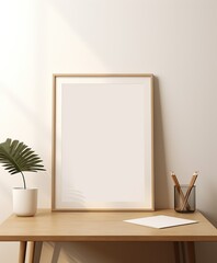 This minimalist picture frame with an empty canvas. Minimal home interior design idea. Scandinavian minimal decor design look.
