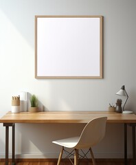 A minimalistic mockup frame of an empty interior design featuring a desk with a chair, a picture frame on the wall, and a painting in the background creates a captivating. Minimal home interior design