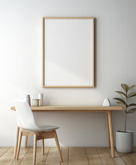 A pristine white chair and table with a stylishly minimalist painting mockup frame on the wall. Minimal home interior design idea. Scandinavian minimal decor design look.