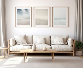 This minimalistic interior design with its empty mockup frames and paintings hung on the wall offers a tranquil yet creative atmospher. Minimal home interior design idea. Scandinavian minimal decor