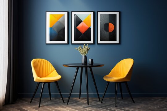 This minimalistic mockup of an empty interior frame filled with a vibrant painting on the wall creates an inviting and serene atmosphere. Minimal home interior design idea. Scandinavian minimal decor 