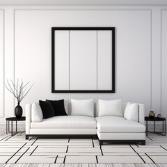 A starkly minimalistic white couch and black framed picture create a bold and dramatic statement against the empty background of the wall. Minimal home interior design idea. Scandinavian minimal decor