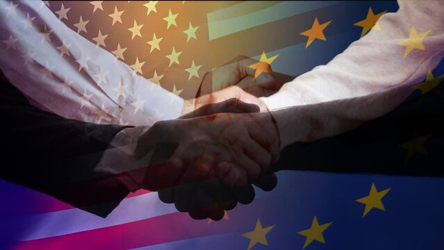 Computer graphics background. Two pairs of hands make a handshake against the background of the flag of the USA and the European Union. The concept of partnership and equality