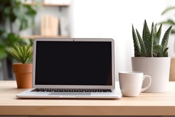 Fototapeta premium A laptop on a desk with a background of a minimalist room in the morning